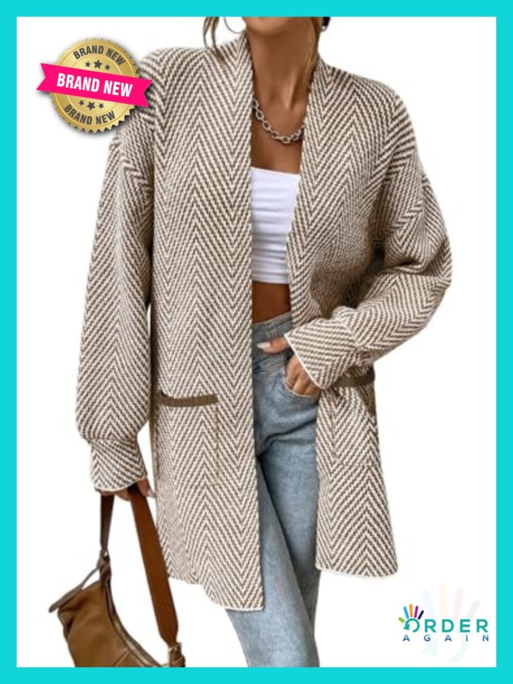 Women's Open Front Chevron Cardigan Sweater 100% Acrylic Knit Long Sleeve